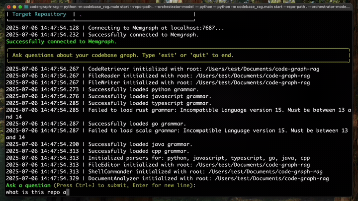 Code-Graph-RAG demo showing codebase analysis